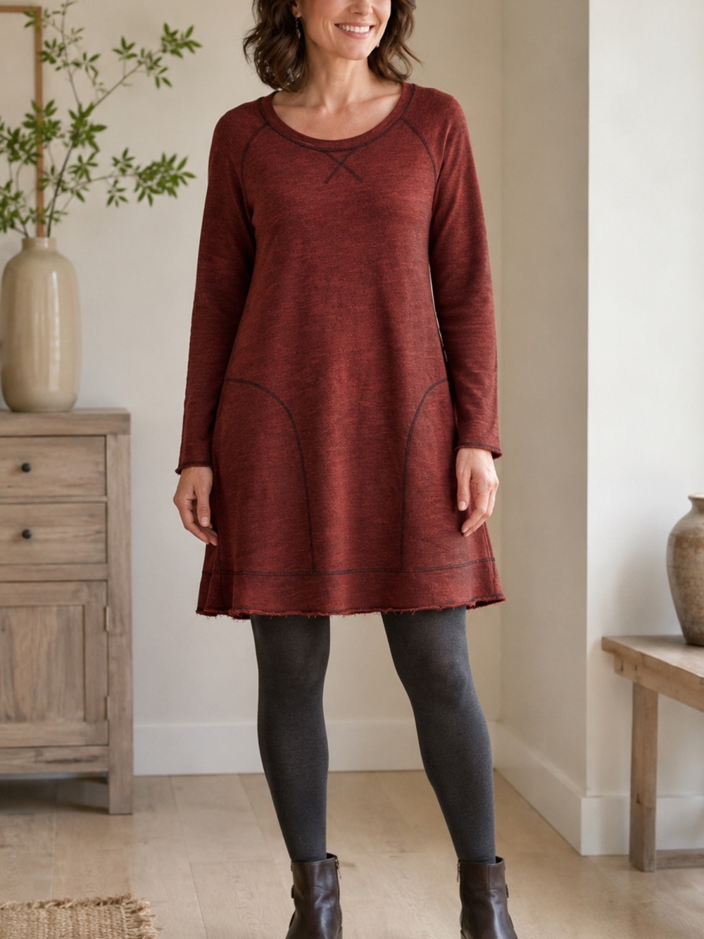 Rust Raw Edge French Terry Pocket Tunic Dress Cut Loose Large Lagenlook Aline